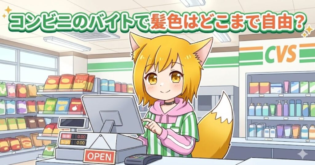 「コンビニのバイトで髪色はどこまで自由？」というテキストと、コンビニのレジで働くキャラクターのイラスト