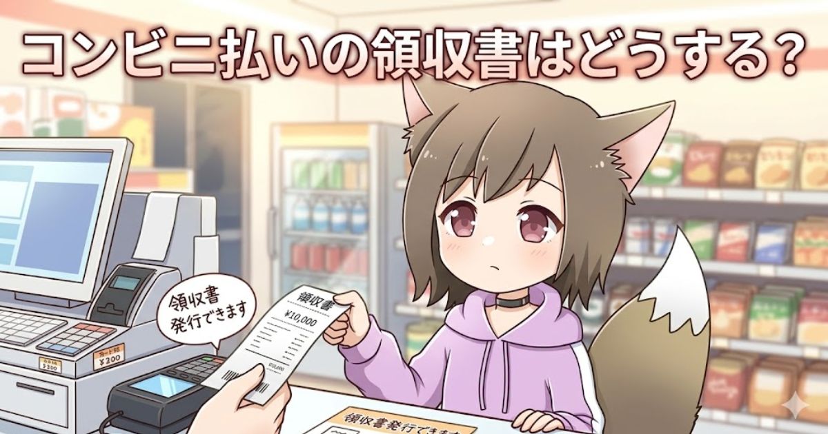 コンビニのレジで狐耳の女の子のキャラクターが領収書を受け取っているイラスト。「コンビニ払いの領収書はどうする?」というタイトルと「領収書発行できます」という吹き出しがあり、コンビニでの領収書対応を解説するアイキャッチ画像。