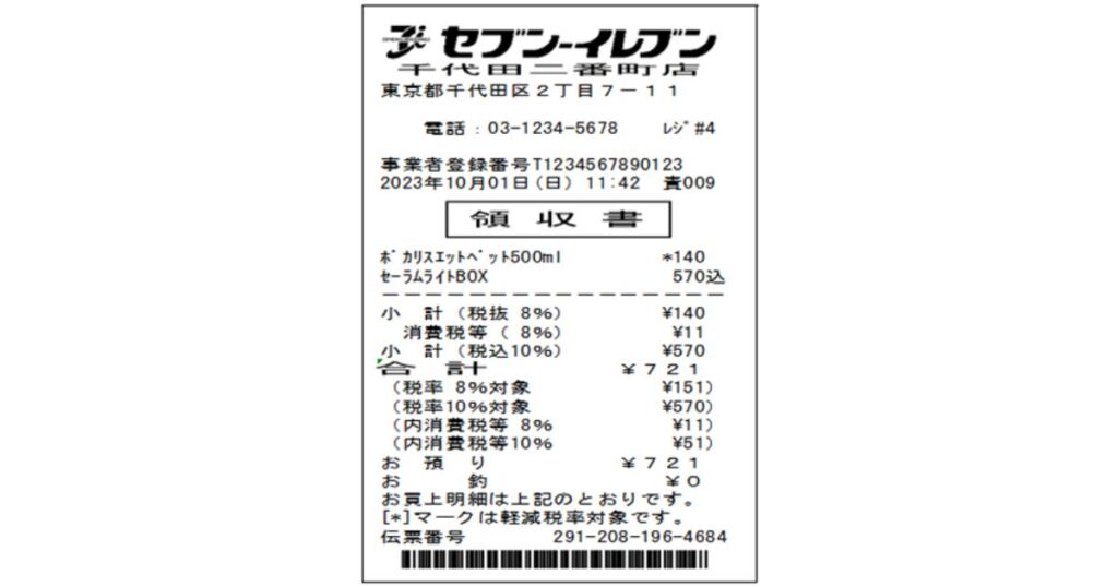 セブン-イレブンの領収書(レシート)のサンプル画像。事業者登録番号、取引日時、購入商品(ポカリスエット、セーラムライト)、8%と10%の税率別合計および消費税額、合計金額721円が詳しく印字されている。