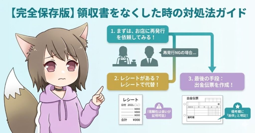 「領収書をなくした時の対処法ガイド」というタイトルのインフォグラフィック。困った表情の狐耳キャラクターと共に、1.再発行の依頼、2.レシートでの代用、3.最終手段としての出金伝票作成という3つのステップがフローチャート形式で解説されている。