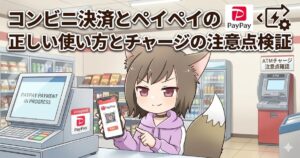 コンビニのレジ前でPayPay画面のスマホを持つキツネ耳の女の子と、記事タイトル「コンビニ決済とペイペイの正しい使い方とチャージの注意点検証」のアイキャッチ画像