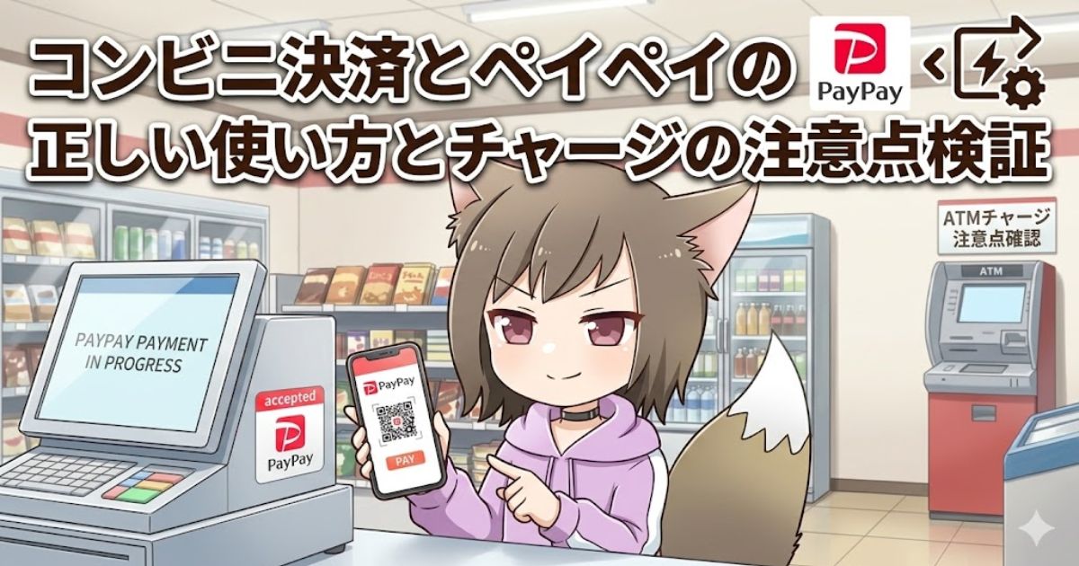 コンビニのレジ前でPayPay画面のスマホを持つキツネ耳の女の子と、記事タイトル「コンビニ決済とペイペイの正しい使い方とチャージの注意点検証」のアイキャッチ画像