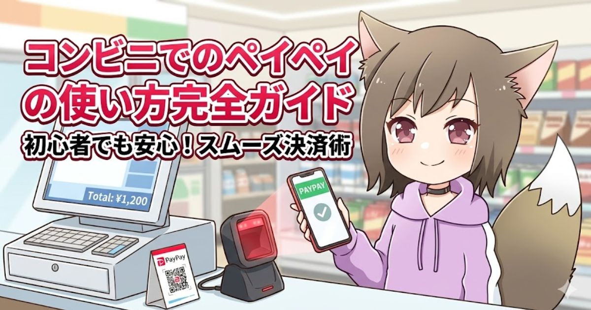 コンビニのレジ前で、スマホのPayPay画面をスキャナーにかざして決済する動物の耳をつけた女の子のイラスト。