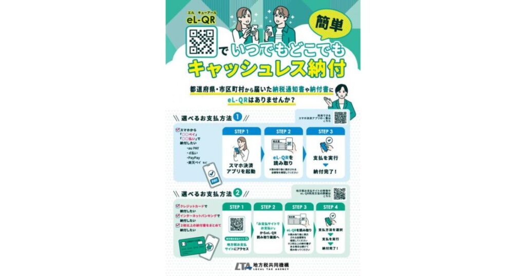 地方税共同機構による、eL-QR(地方税統一QRコード)を使ったスマートフォンでのキャッシュレス納税の手順を説明した案内チラシ。