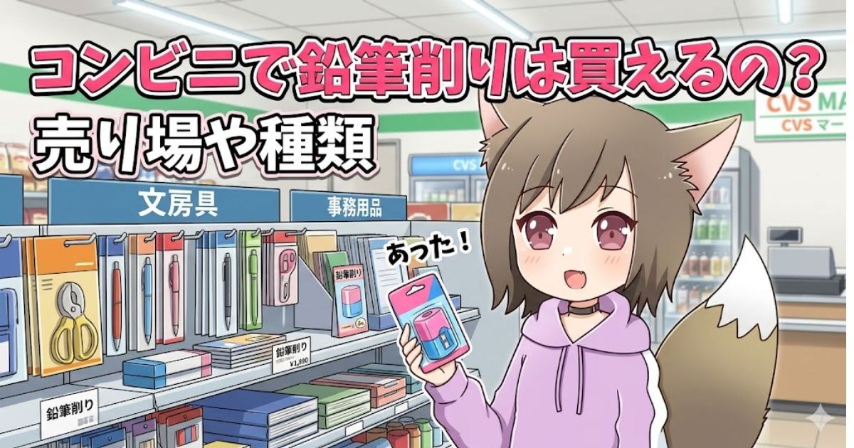 「コンビニで鉛筆削りは買えるの？」という文字と、コンビニの文房具売り場で鉛筆削りを見つけた女の子のイラスト
