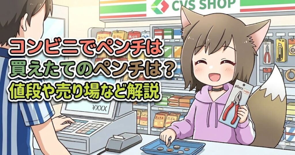 コンビニのレジでペンチを購入する猫耳の女の子のイラスト。「コンビニでペンチは買える？値段や売り場など解説」のテキスト入り。