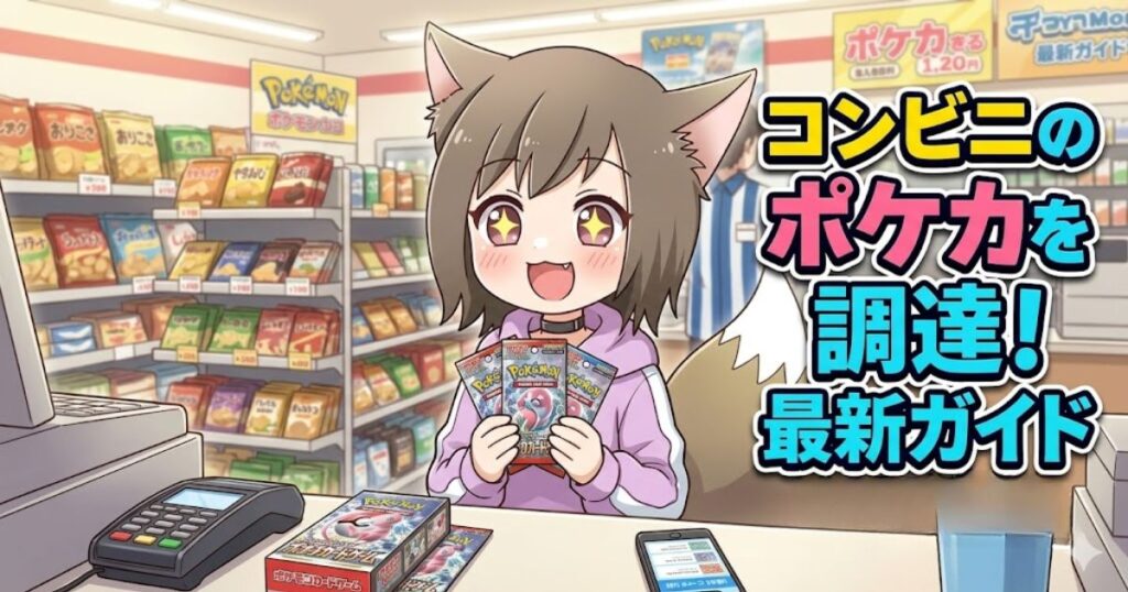 コンビニのレジでポケモンカードを両手に持ち、目を輝かせて喜ぶケモ耳の女の子のアニメイラスト。「コンビニのポケカを調達！最新ガイド」のテキスト付きアイキャッチ画像。