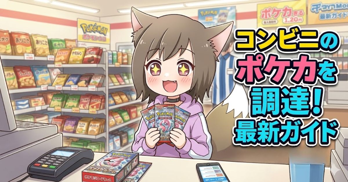 コンビニのレジでポケモンカードを両手に持ち、目を輝かせて喜ぶケモ耳の女の子のアニメイラスト。「コンビニのポケカを調達!最新ガイド」のテキスト付きアイキャッチ画像。
