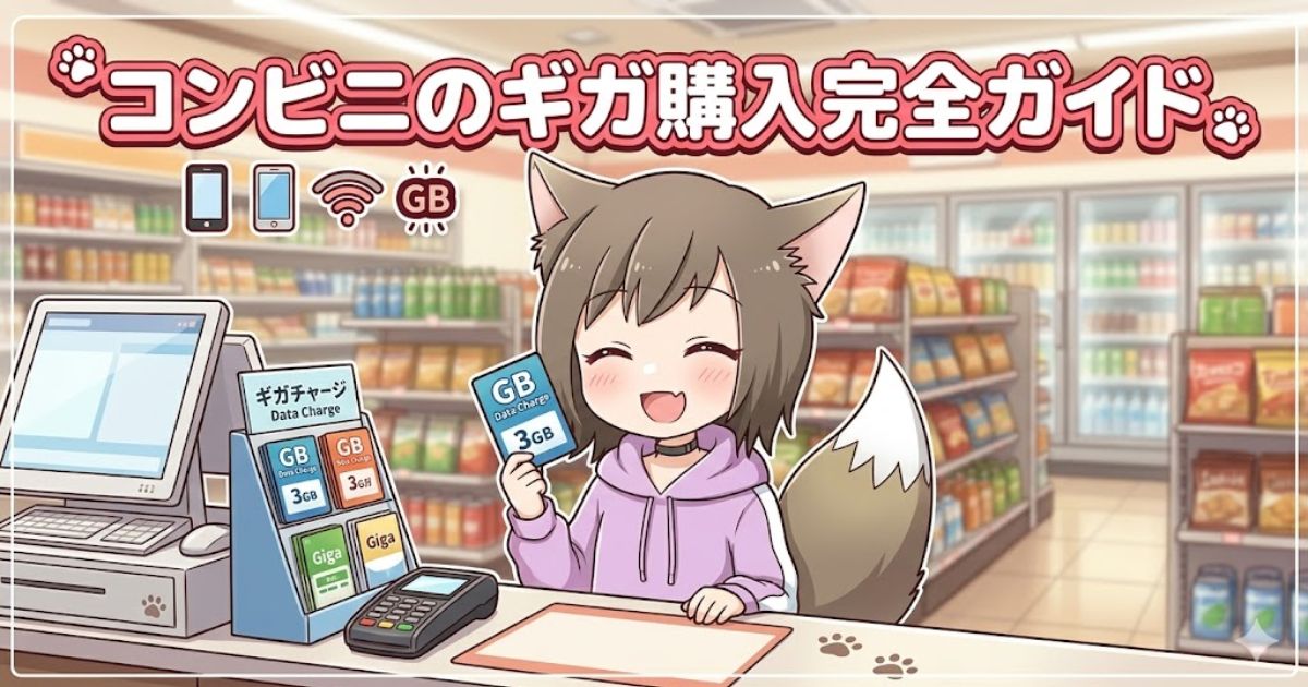 「コンビニのギガ購入完全ガイド」というタイトルロゴと、レジカウンターでデータチャージカードを手にして笑顔を見せる猫耳の女の子のイラスト。