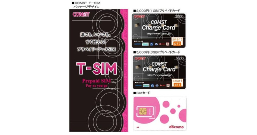 ドコモ回線に対応した使い切り型プリペイドデータSIM「COMST T-SIM」のパッケージデザインと、リチャージ用カードの製品イメージ。