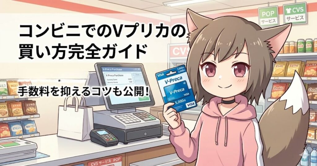 コンビニのレジ前でVプリカを持つケモミミの女の子のイラストと記事タイトルの文字