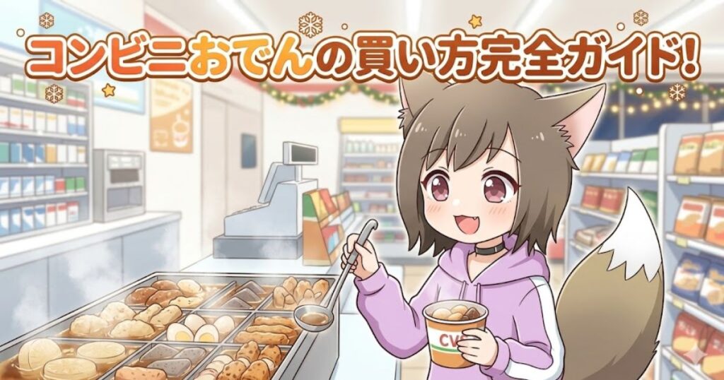 コンビニおでんの買い方完全ガイド！と書かれた、おでんを選ぶ女の子のイラスト
