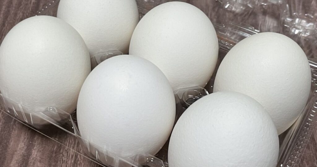 透明なプラスチックパックに入った白い生卵のアップ画像