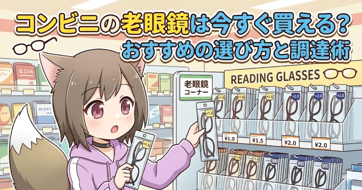 コンビニのメガネコーナーで老眼鏡を手に取りながら、どれを選ぼうか考えている猫耳キャラクターのイラスト