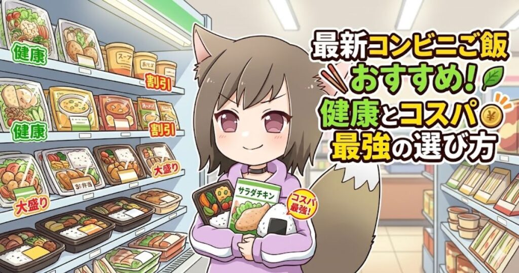 「最新コンビニご飯おすすめ！健康とコスパ最強の選び方」のタイトルが入った、コンビニでお弁当やサラダチキンを持つ狐耳の女性キャラクターのアイキャッチ画像