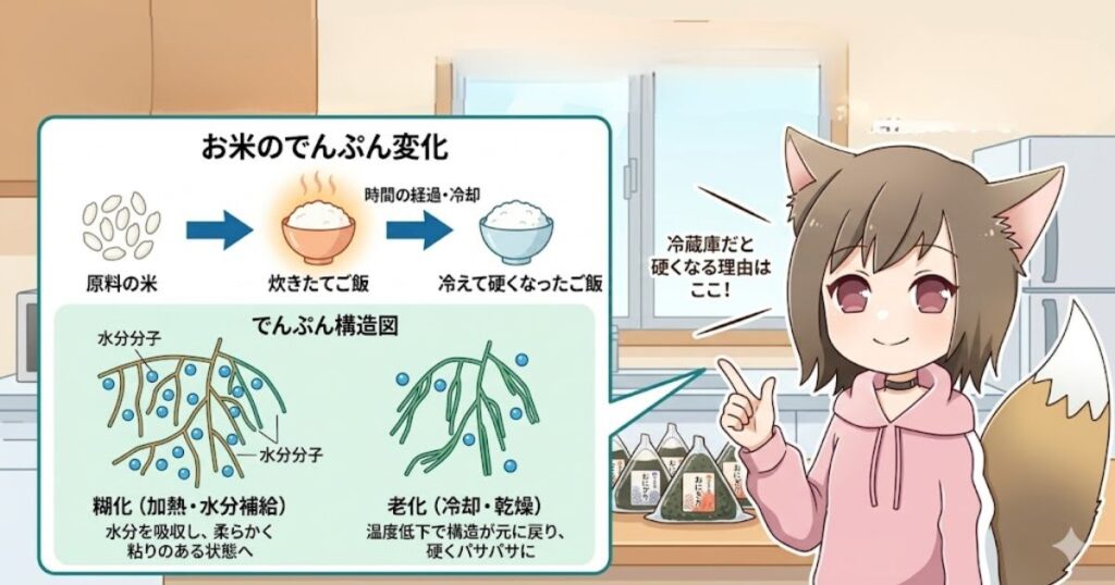 冷蔵庫で保存したおにぎりの米が硬くなる原因である、デンプンの老化メカニズムの図解