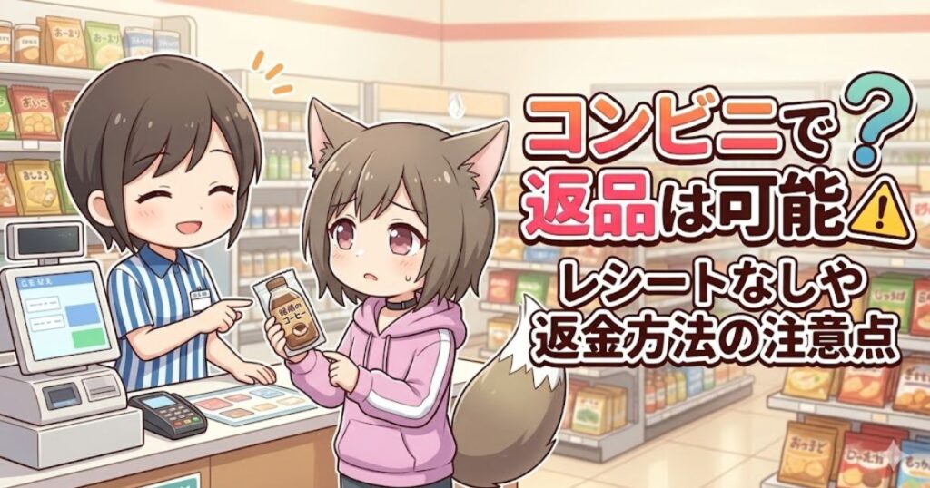 「コンビニで？返品は可能？レシートなしや返金方法の注意点」と書かれた、返品について悩む女性のアイキャッチ画像