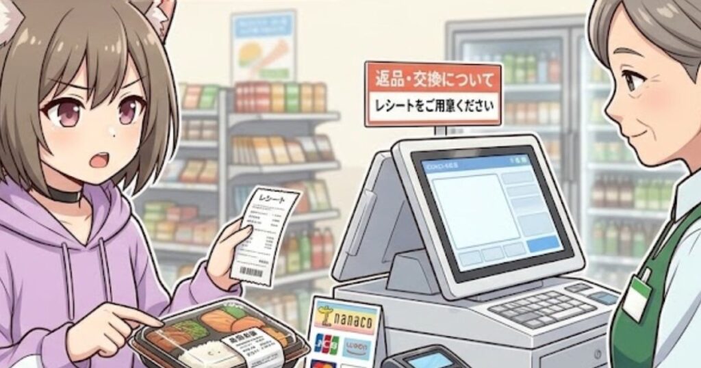 「レシートをご用意ください」という案内の前で、店員にレシートと商品を提示して返品を相談する女性のイラスト