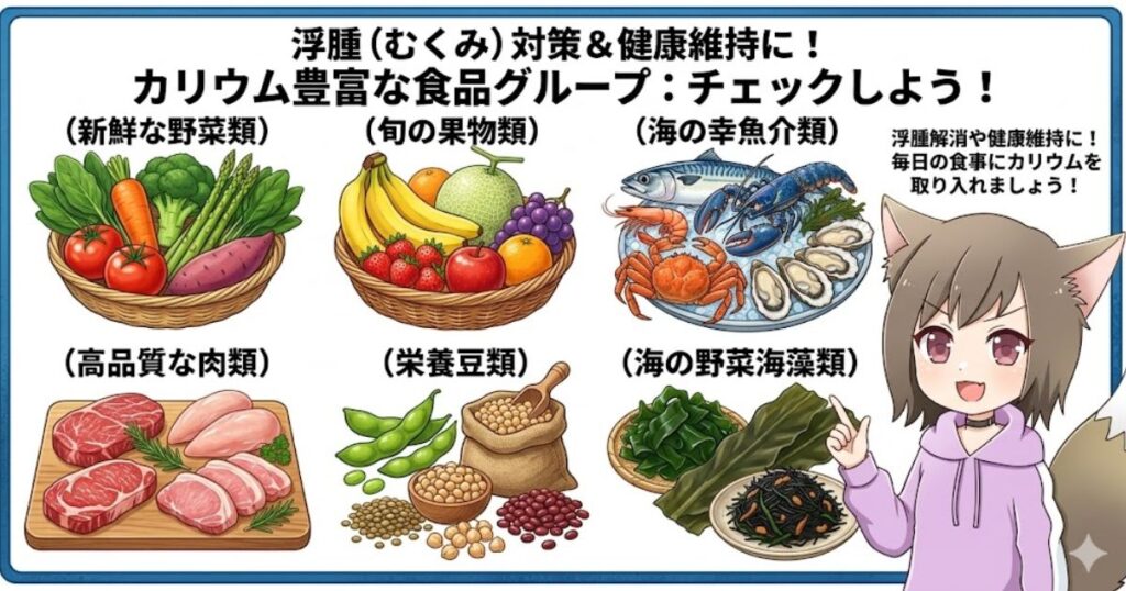 むくみ対策に有効なカリウムが豊富な食品グループ（野菜類、果物類、魚介類、肉類、豆類、海藻類）の一覧と、それを笑顔で紹介する女性キャラクターのイラスト