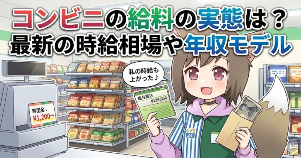 コンビニのレジ前で給与明細と現金入りの封筒を笑顔で持つキツネ耳の女性店員のアイキャッチ画像。「コンビニの給料の実態は？最新の時給相場や年収モデル」のテキスト入り