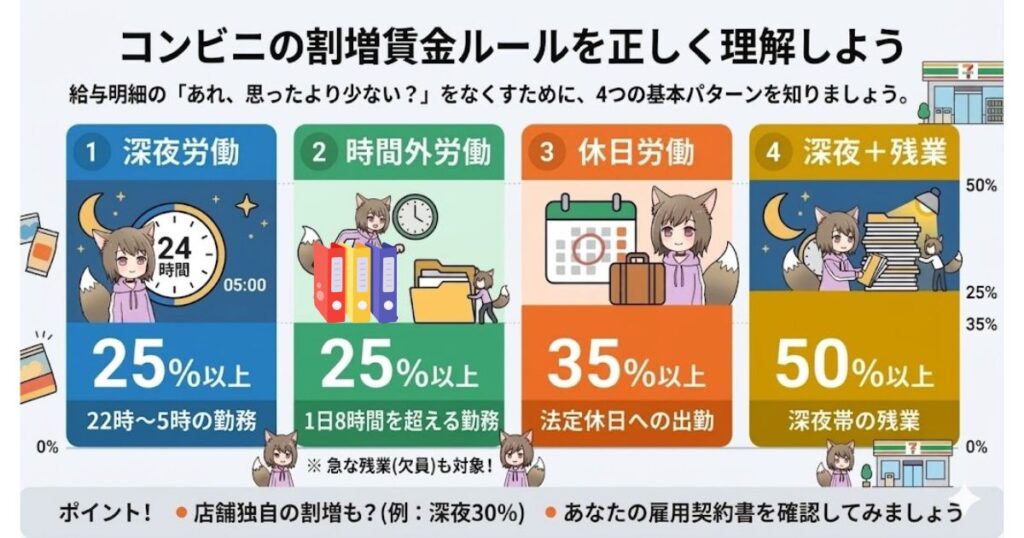 コンビニの割増賃金ルール（深夜労働25%以上、時間外労働25%以上など）の4つの基本パターンを、キツネ耳の女性キャラクターを用いて分かりやすく解説した図解イラスト