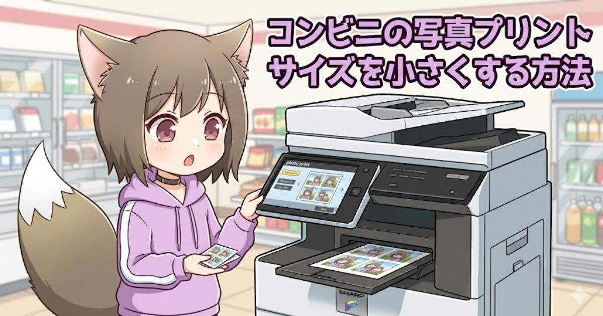 コンビニのマルチコピー機の前で、分割印刷された小さな写真を持つ猫耳のキャラクターのイラスト。「コンビニの写真プリント サイズを小さくする方法」というタイトル文字。