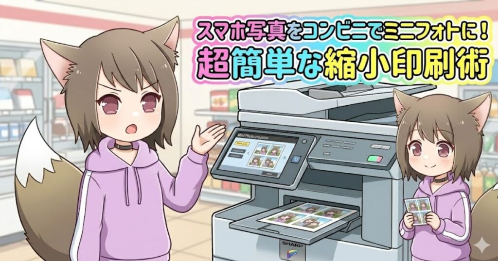 コンビニのマルチコピー機を指さすキャラクターと、印刷されたミニフォトを持つ小さなキャラクターのイラスト。「スマホ写真をコンビニでミニフォトに!超簡単な縮小印刷術」というタイトル文字。