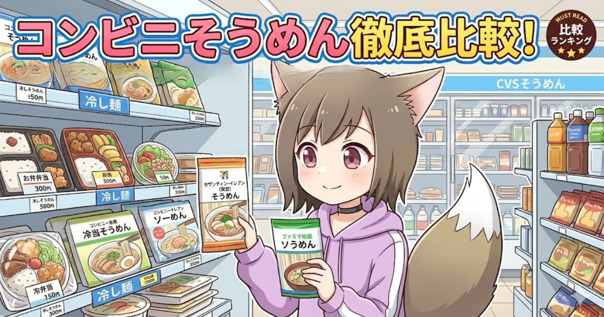 コンビニの冷し麺コーナーでセブンイレブンやファミリーマートのそうめんを笑顔で選ぶ猫耳フードの女の子のイラストアイキャッチ画像