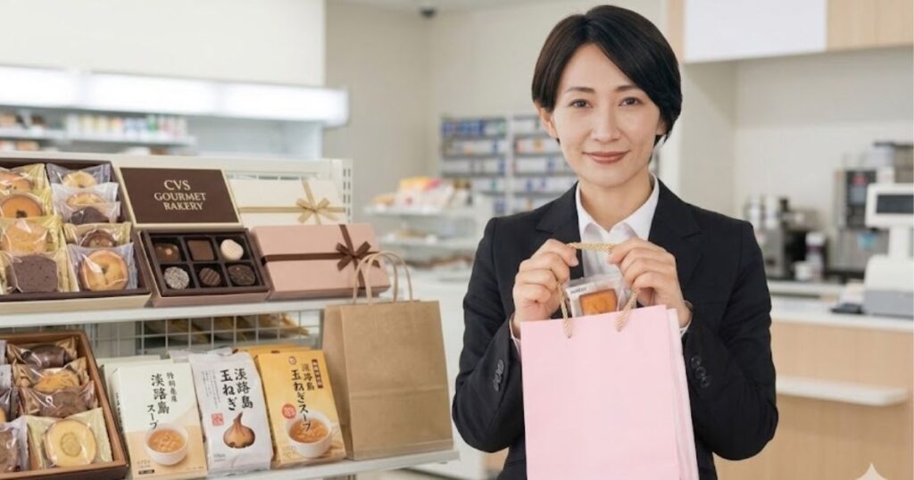 ギフト用の菓子折りや特産品が並ぶコンビニの棚の前で、ピンクの紙袋に入った手土産を持って微笑むスーツ姿の女性