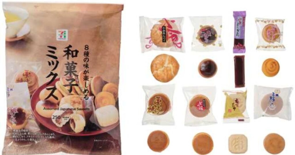 セブンプレミアム「和菓子ミックス」のパッケージと、どら焼きやミニ羊羹など個包装されて親戚の集まりに配りやすい8種類の和菓子