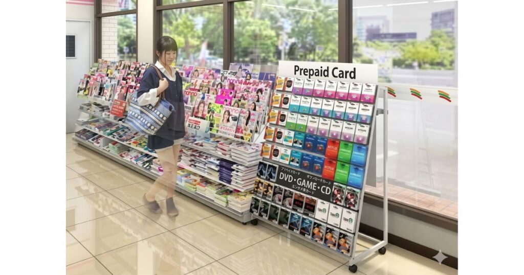 コンビニ（セブン-イレブン）店内のプリペイドカード専用ラック。雑誌棚の横に設置され、多くのギフトカードが陳列されている様子。