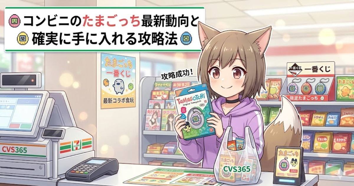 たまごっちを購入して喜ぶコンビニ365のキャラクターMAYUMIのイラスト
