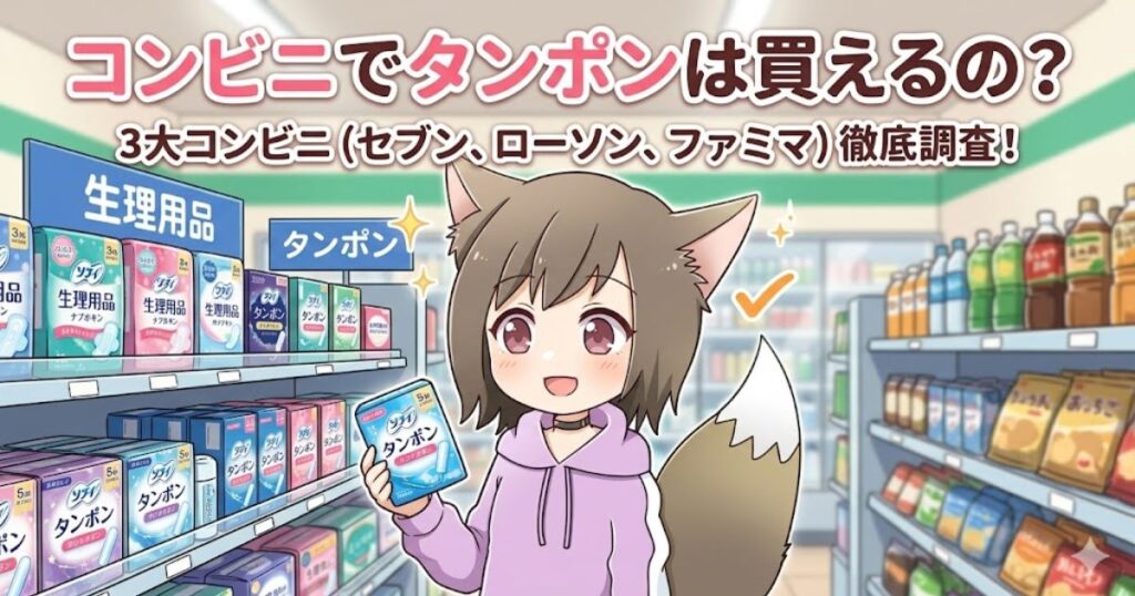 「コンビニでタンポンは買えるの？3大コンビニ徹底調査！」の文字と、タンポンを手に持つ女の子のアイキャッチイラスト