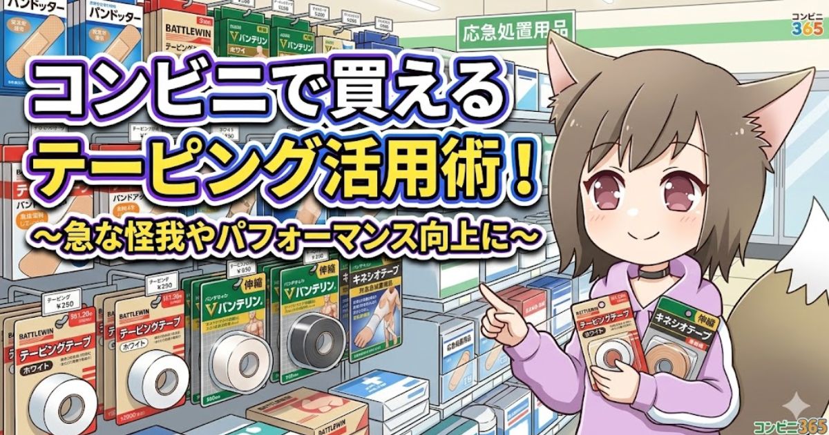 「コンビニで買えるテーピング活用術！〜急な怪我やパフォーマンス向上に〜」というタイトルと、テーピングを手に持つキャラクターのイラスト