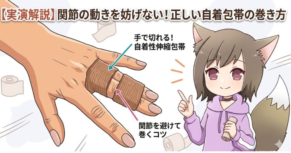 指の関節を避けて巻く、正しい自着包帯の巻き方を解説するイラスト