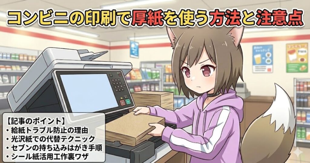 マルチコピー機の前に立つアニメキャラクターと、印刷のポイントをまとめたアイキャッチ画像