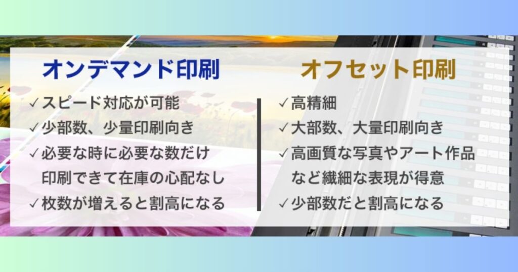オンデマンド印刷とオフセット印刷の特徴を比較した解説画像