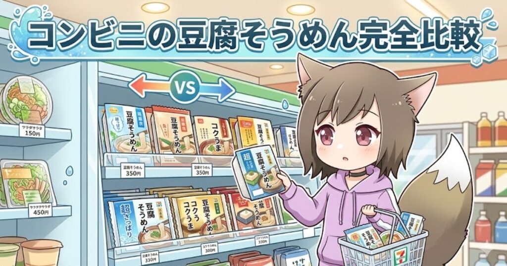 「コンビニの豆腐そうめん完全比較」というタイトル入りのイラスト。コンビニのチルド棚の前で、カゴを持った猫耳の女の子がどの豆腐そうめんを買うか迷っている様子。