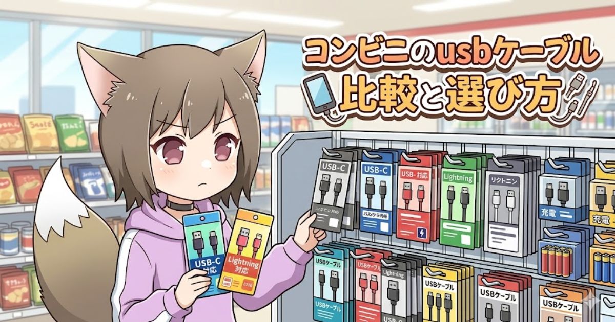 コンビニの棚でどのUSBケーブルを買うか真剣に悩んでいるケモ耳の女の子のイラスト