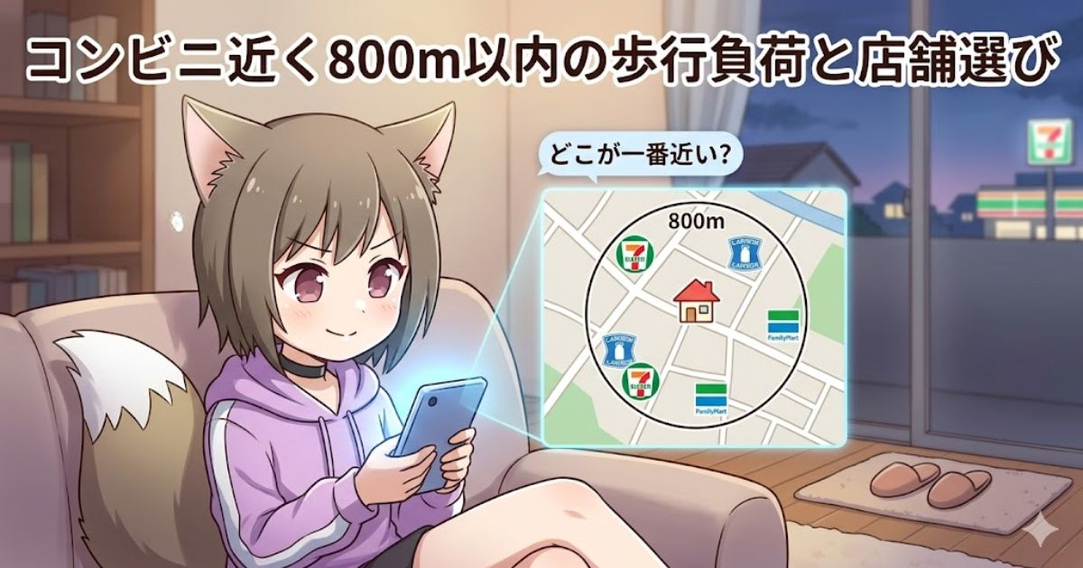 スマホで自宅から半径800m圏内にある近くのコンビニを検索している猫耳の女の子のイラスト