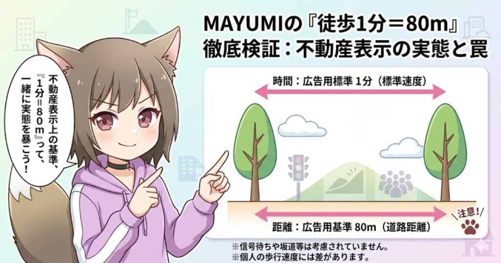 不動産表示の基準である徒歩1分＝80mの計算ルールと注意点を解説している猫耳の女の子のイラスト