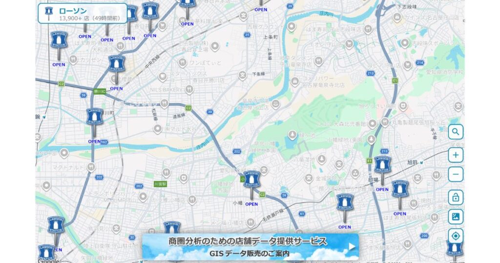 地図上に多数のローソン店舗のロゴマークピンが表示されているGIS店舗データ提供サービスの画面