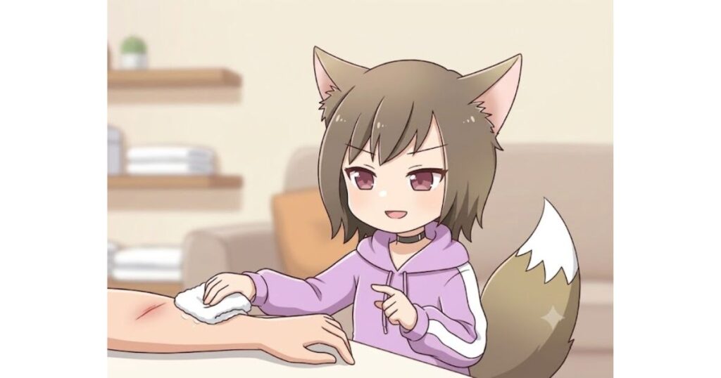 湿潤療法の正しい手順として傷口をきれいに洗った後に清潔なタオルで腕の水分を優しく拭き取っている様子を解説するイラスト