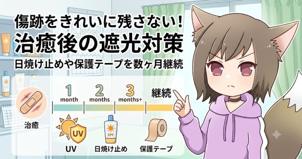 傷跡をきれいに残さないための治癒後の遮光対策として数ヶ月間にわたり日焼け止めや保護テープを継続するタイムラインの解説イラスト