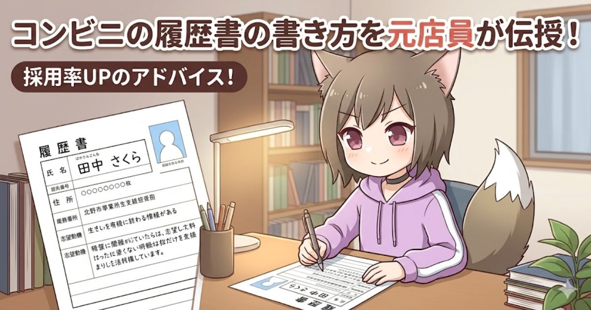 「コンビニの履歴書の書き方を元店員が伝授!採用率UPのアドバイス!」というテキストが入ったアイキャッチ画像。猫耳のキャラクターがデスクで履歴書を記入しているイラストです。
