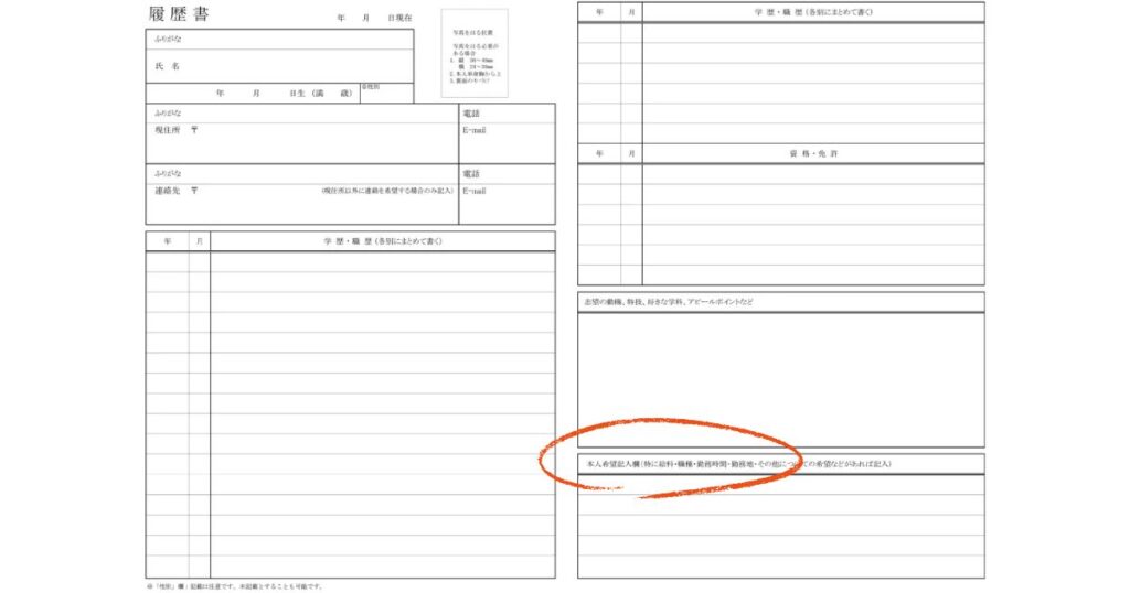 日本の一般的な履歴書テンプレートの右下部分。最下段にある「本人希望記入欄」の項目がオレンジ色の円で囲まれて強調されています。