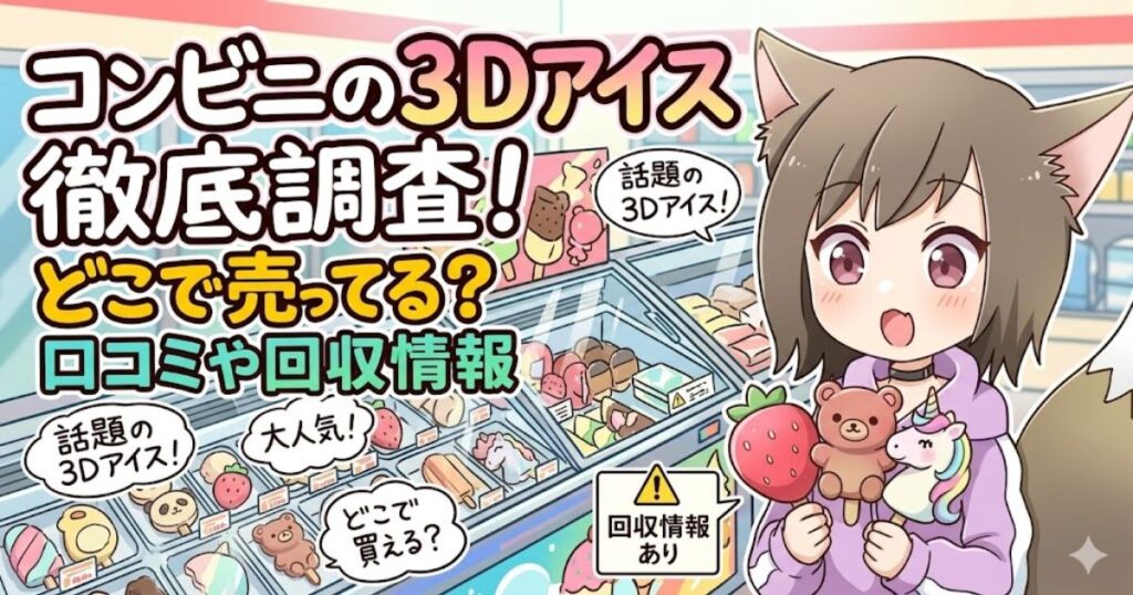 「コンビニの3Dアイス徹底調査!」という文字と、アイス売場で商品を持つ猫耳の女の子が描かれたアイキャッチ画像