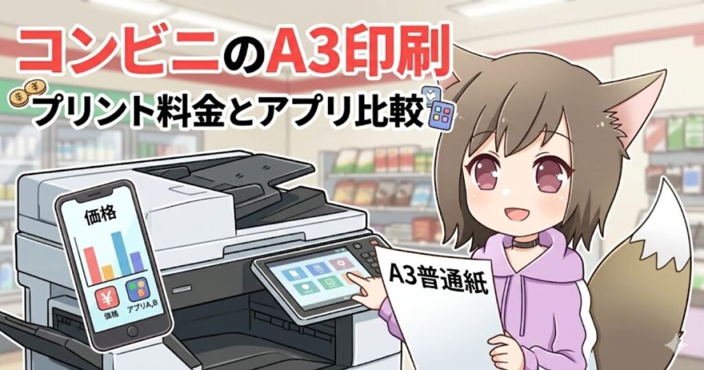 マルチコピー機の前に立ち、笑顔でA3普通紙を持つケモ耳の女の子のイラストと「コンビニのA3印刷 プリント料金とアプリ比較」のタイトル文字。