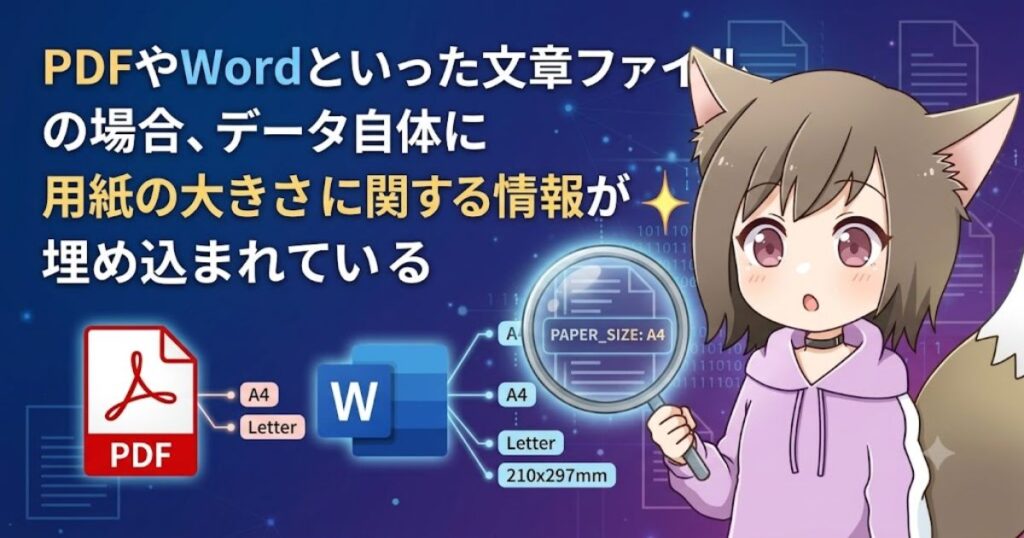 「PDFやWordといった文章ファイルの場合、データ自体に用紙の大きさに関する情報が埋め込まれている」という解説テキストと、虫眼鏡でデータサイズを覗き込むケモ耳の女の子のイラスト。