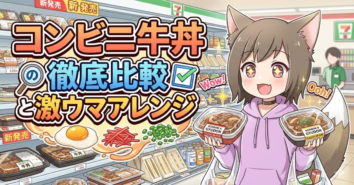 コンビニの弁当売り場で、2種類のチルド牛丼を両手に持って笑顔を浮かべる獣耳の女の子のイラスト
